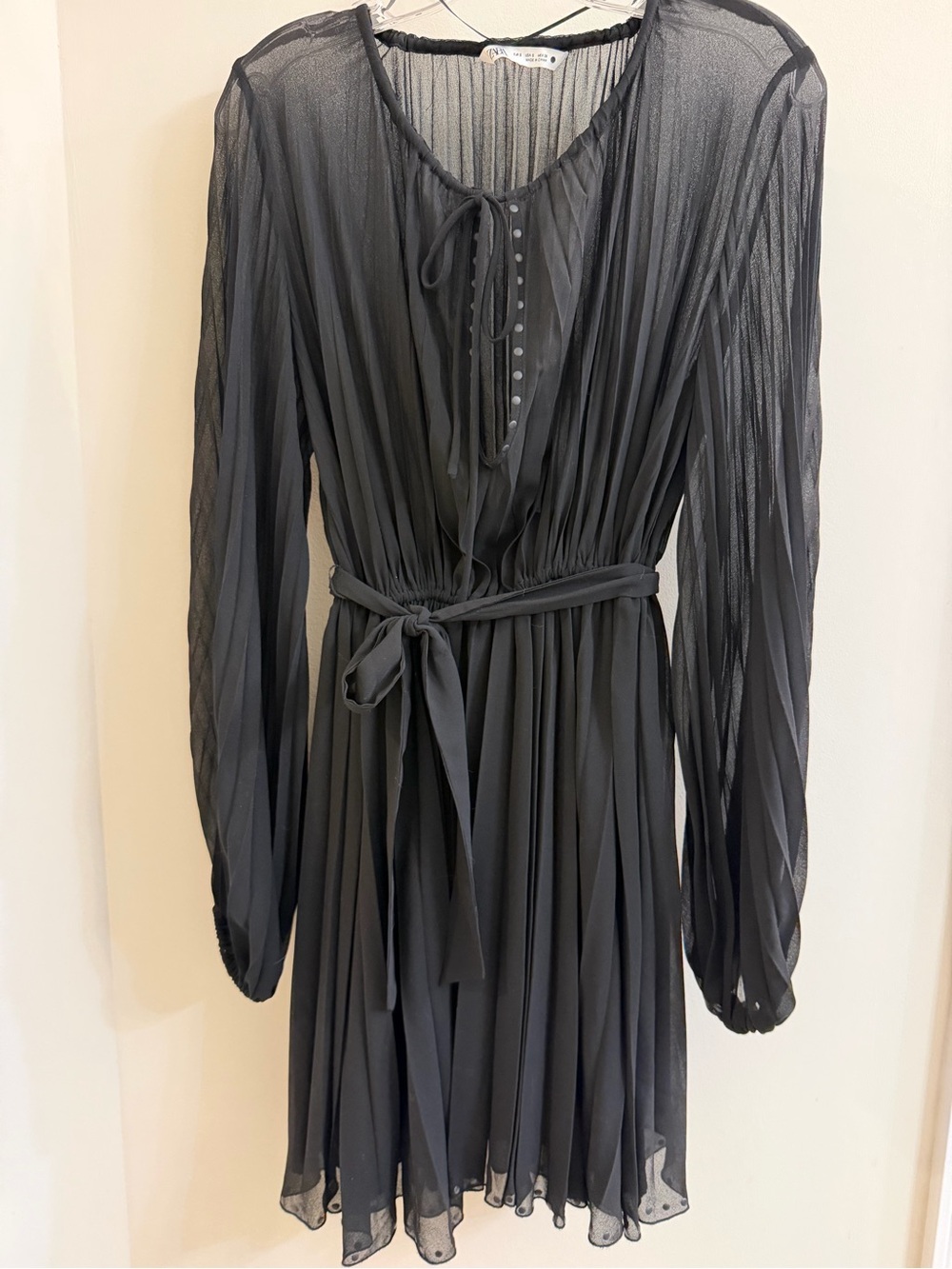 Zara Sheer Long-Sleeve Pleated Black Dress with Tie Waist, size S
